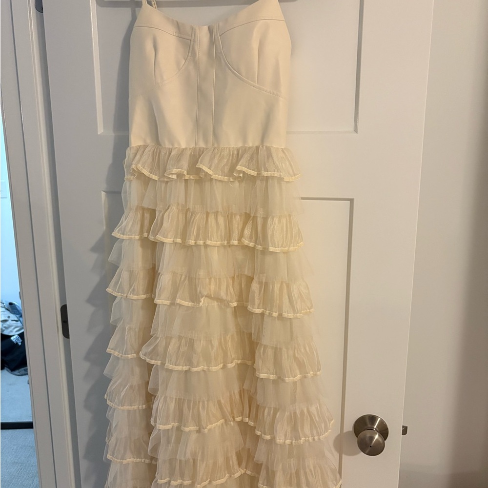 Cream Ruffled Tulle Maxi Skirt Dress